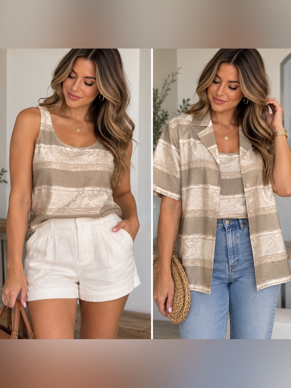 Ann May 100% Silk 2-Piece Set Jacket & Tank Neutral Striped M/L